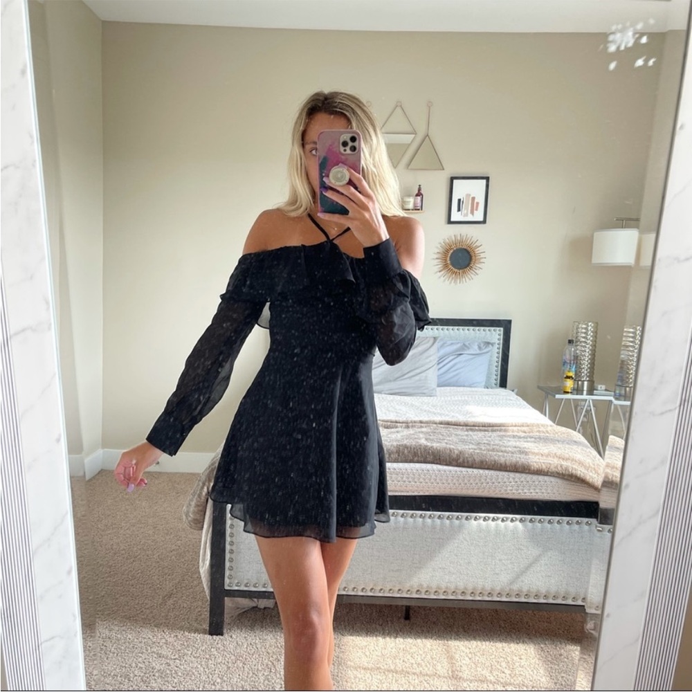 LPA-Elegant Black Off-Shoulder Sheer Sleeve Flowy Dress with Neck Tie